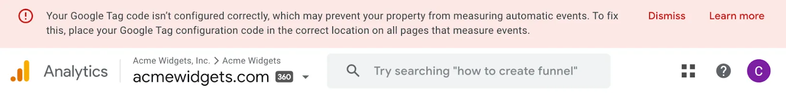 A screenshot of a warning banner in the GA4 UI