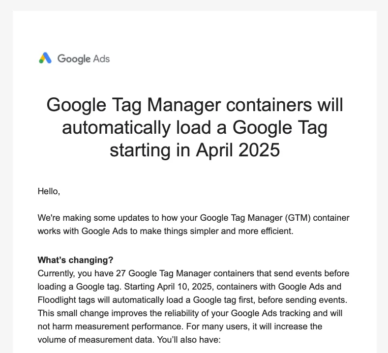 A screen capture of the opening portion of an email sent by Google Ads