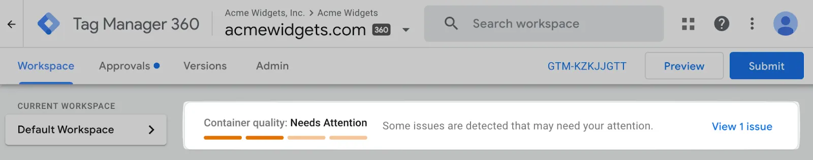 A screenshot of a warning banner in the GTM UI