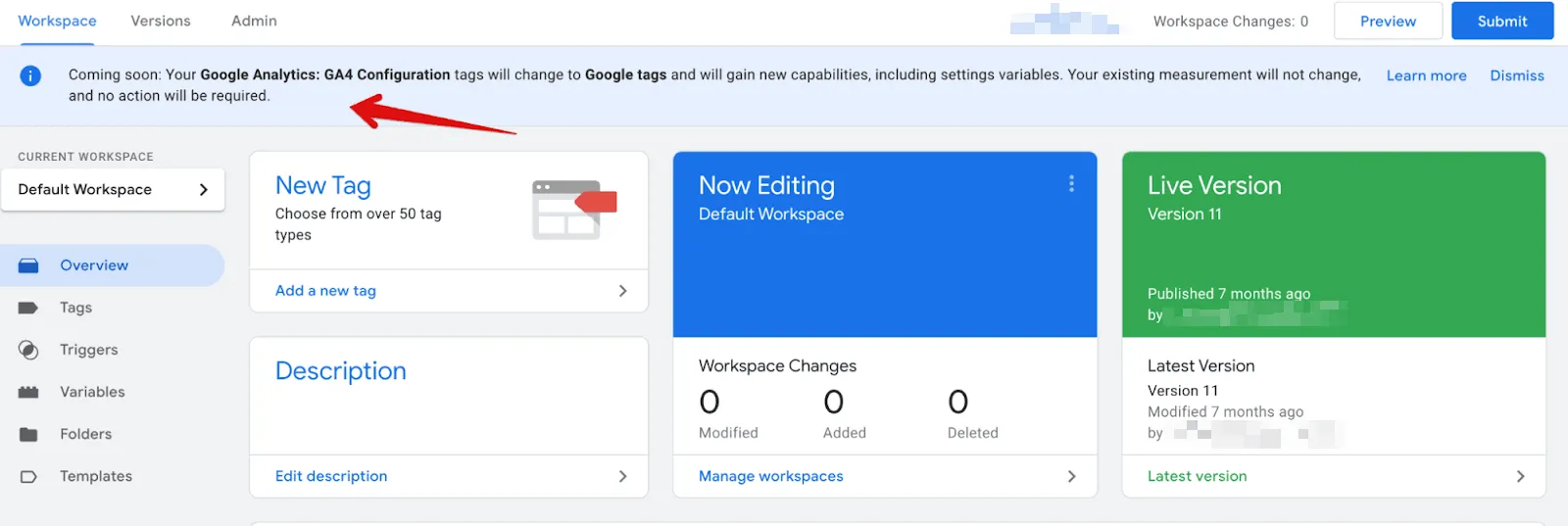 A screenshot of the GTM UI with a banner at the top with the text Coming soon: Your Google Analytics: GA4 Configuration tags will change to Google Tag tags (yuck) and will gain new capabilities, including settings variables. Your existing measurement will not change, and no action will be required.